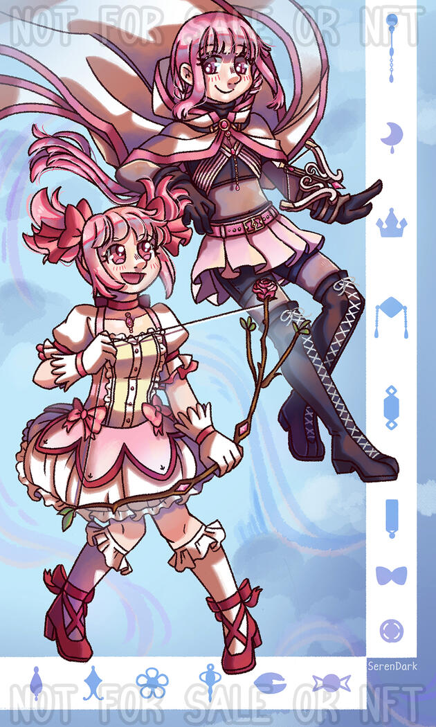 Madoka and Iroha from Puella Magi Madoka Magica and Magia Record for the Newport magical girl zine (2022)