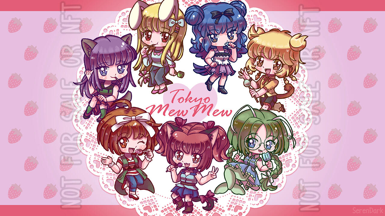 Ichigo, Ringo, Berry, Minto, Lettuce, Purin, and Zakuro from Tokyo Mew Mew for the "Sweet Mewmories" zine (2022)