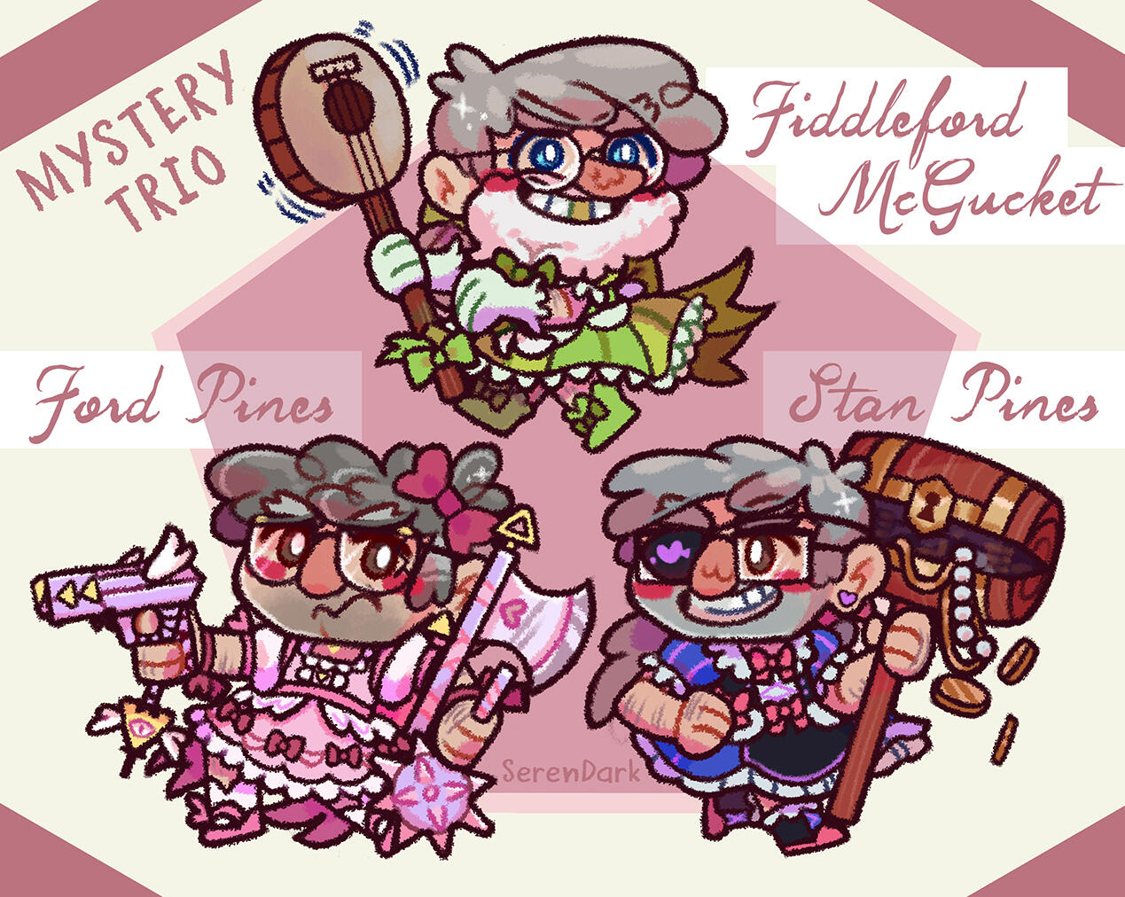 Chibis of magical girl designs for Ford Pines, Stan Pines, and Fiddleford McGucket from "Gravity Falls" (2024)