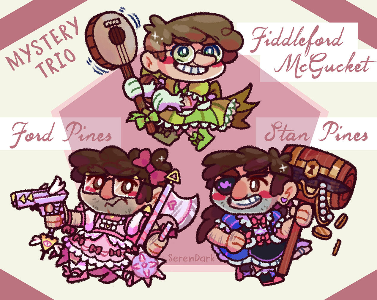 Younger age variant of the magical girl chibis for Ford Pines, Stan Pines, and Fiddleford McGucket from "Gravity Falls" (2024)